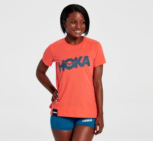 Hoka One One Brand Tee Women's Running Tees Hot Coral | BLPF-50983