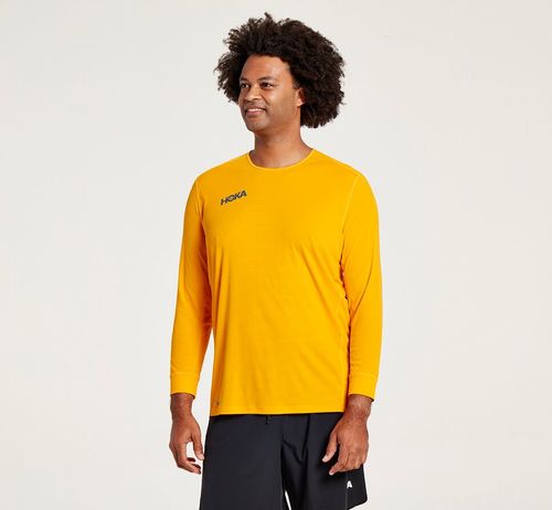 Hoka One One Performance 3/4 Sleeve Men's T Shirts Saffron | NHVR-08635