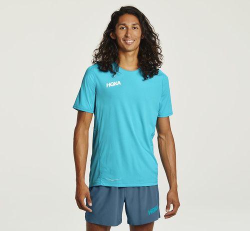 Hoka One One Performance Short Sleeve Men's T Shirts Scuba Blue | CBRA-37961