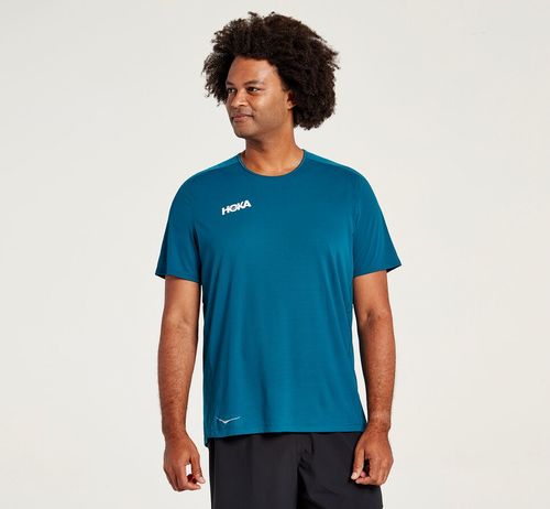 Hoka One One Performance Short Sleeve Men's T Shirts Moroccan Blue | JBNU-72658