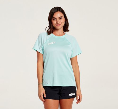 Hoka One One Performance Short Sleeve Women's T Shirts Blue Tint | SUMR-83701